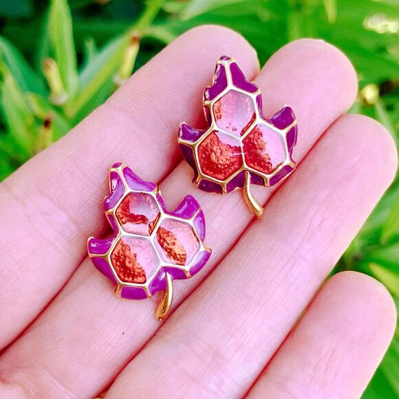 Modern Earrings Enamel Leaf Stud Gold Tone Graphic Color Block 2010-2020 - Picture 12 of 12